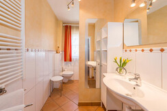 Badezimmer mit Dusche, WC, Fön, Bergblick