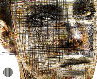 Abstract portrait with facial features, mountain motifs and graphic lines on white