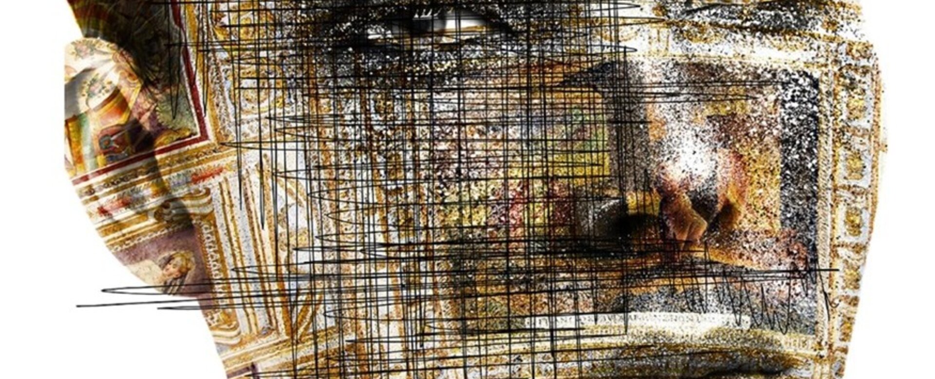 Abstract portrait with facial features, mountain motifs and graphic lines on white