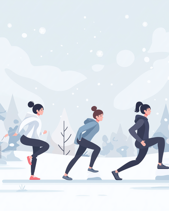 Vector illustration of three women training in sportswear in a snowy winter forest landscape