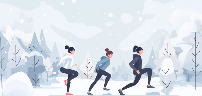 Vector illustration of three women training in sportswear in a snowy winter forest landscape