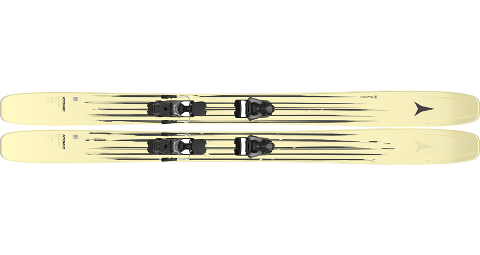 Two yellow Atomic Maverick 115 CTI freeride skis with black stripe pattern and bindings on white background | © Atomic