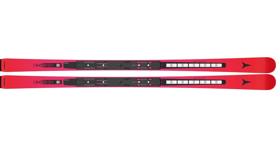 Two red Atomic Redster G9 RSM race skis without bindings with black base and stripe design | © Atomic