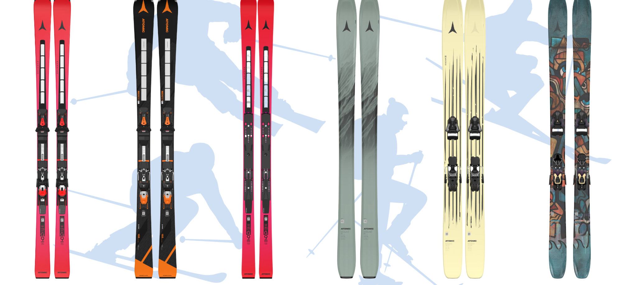 Six pairs of Atomic skis side by side, models for piste, all-mountain, touring and freestyle on white-blue background