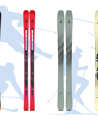 Six pairs of Atomic skis side by side, models for piste, all-mountain, touring and freestyle on white-blue background