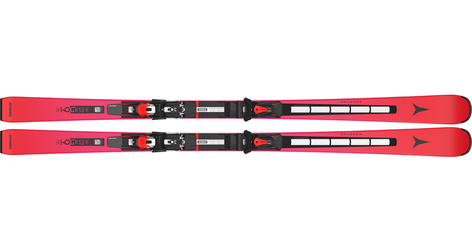 Two red Atomic Redster G9 Revoshock S piste skis with black bindings side by side on white background | © Atomic
