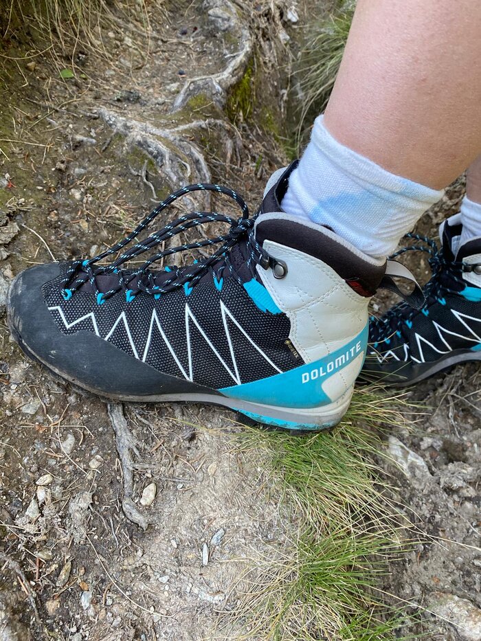 Nahaufnahme eines Wanderschuhs der Marke Dolomite auf wurzeligem, felsigem Steig – Symbol für Trittsicherheit im Gelände.