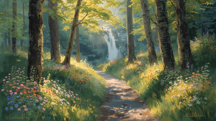 Weg im Wald lichtdurchflutet bunt blumen Wasserfal
