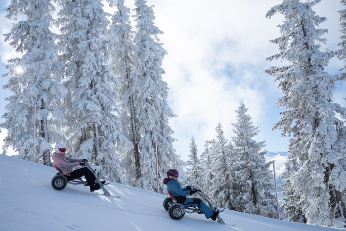 Two people ride snowbikes down a snowy slope through a wintry conifer forest in the mountains