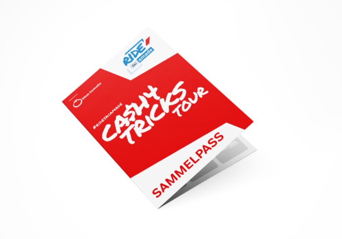 Red RIDE Ski amadé Cash4Tricks Tour stamp card with white text and Blue Tomato logo on white background.