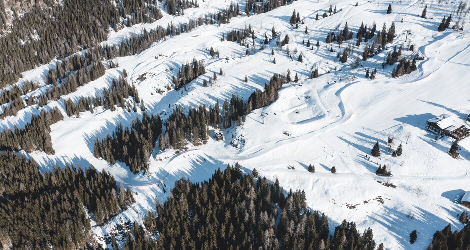 Snowy Funcross track with curves and features among trees in the Shuttleberg ski resort area | © Shuttleberg