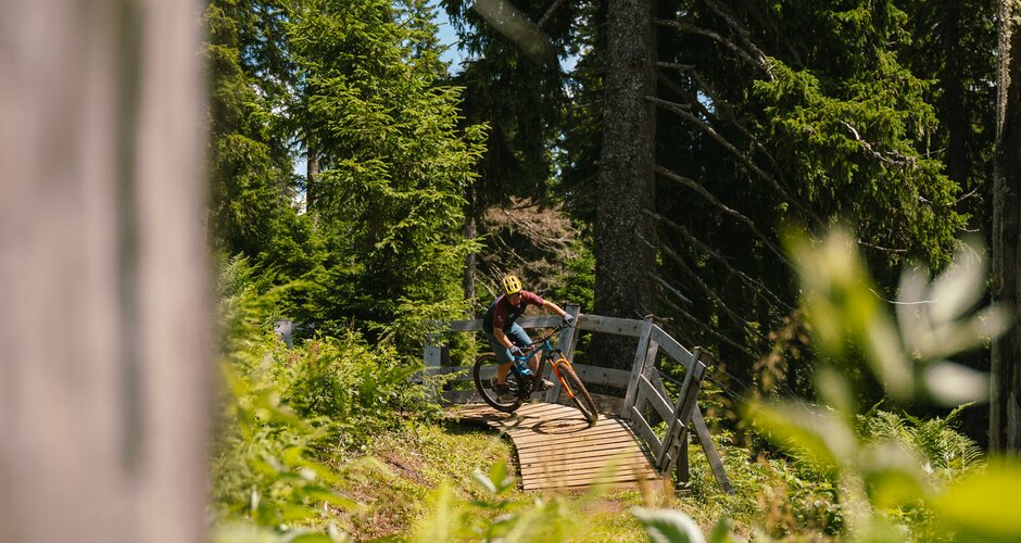 A mountain biker rides over a wooden bridge in the forest near Bürglalmbahn in Dienten on a downhill trail | © Hochkönig Bergbahnen