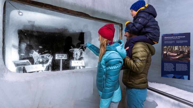 Family with child views ice sculptures behind glass in Dachstein Ice Palace; info board shows Alpine farming in Roman times. | © Harald Steiner