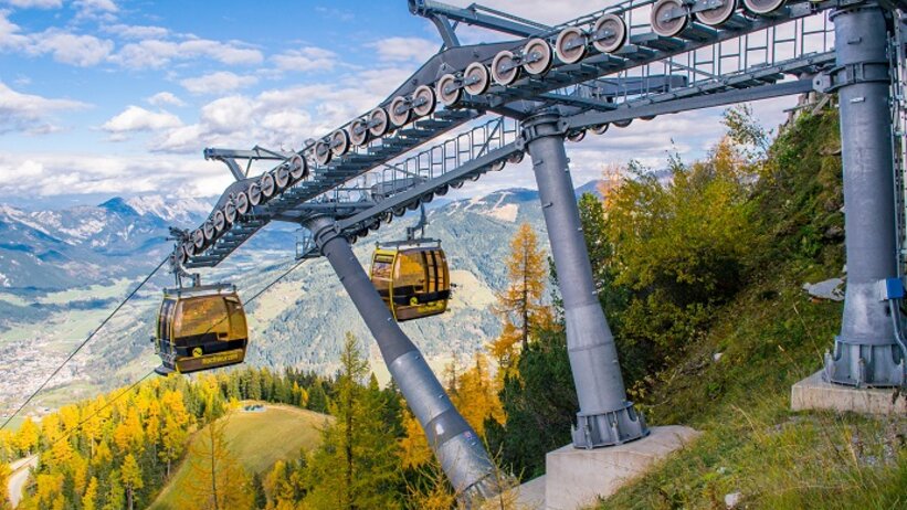 Yellow Hochwurzen gondolas move through autumn forest with scenic views of alpine valley below. | © Alexander Klünsner