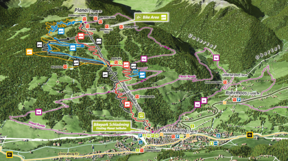 3D map of Bikepark Schladming with marked trails, Planai lift, entry points, bike area and valley connections to Schladming. | © Planai