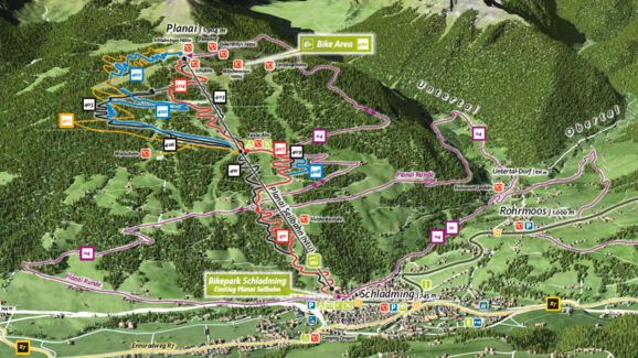 3D-Karte des Bikeparks Schladming mit markierten Trails, Bergbahn zur Planai, Einstiegspunkten, Bike Area und Talverbindungen. | © Planai