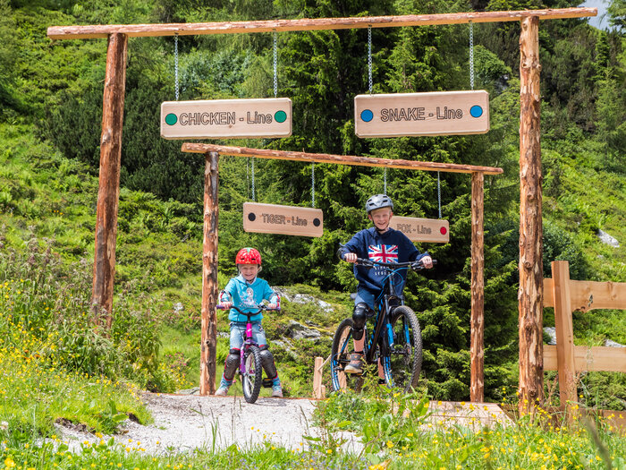Zwei Kinder fahren mit Mountainbikes in die beschilderten Junior Trails der Reiteralm, umgeben von Blumenwiese und Wald. | © Reiteralm Bergbahnen