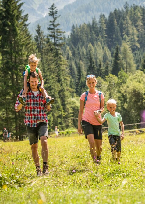 Happy family hikes through blooming alpine meadow by forest edge on a sunny summer holiday in the Salzburger Alps.