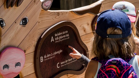 Two kids with caps and backpack pointing at cow-shaped quiz board about milk production an the interactive station | © Snow Space Salzburg