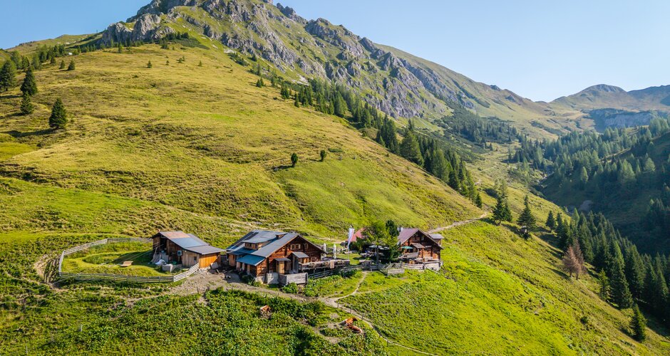 Alpine hut on green meadow in Grossarltal with pasture trail and mountain peak in summer landscape | © Gipfelfieber