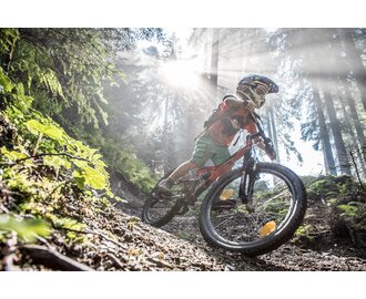 Child rides mountain bike with helmet on Flowtrail Dienten, sunbeams shining through the forest | © Creatina