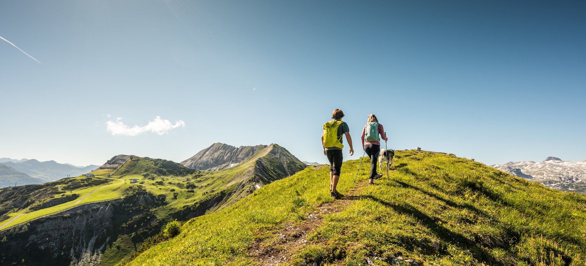 Two hikers walk with a dog along a green ridge trail near Altenmarkt-Zauchensee under a clear blue sky | © Salzburger Sportwelt, Lorenz Masser