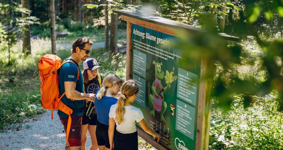 A man with a backpack and three children look at an information board on a forest path in Ramsau am Dachstein | © TVB Schladming-Dachstein, Christine Höflehner