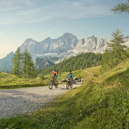 Two people riding e-bikes on a gravel trail, surrounded by meadows, trees and the impressive Dachstein mountain range | © Peter Burgstaller