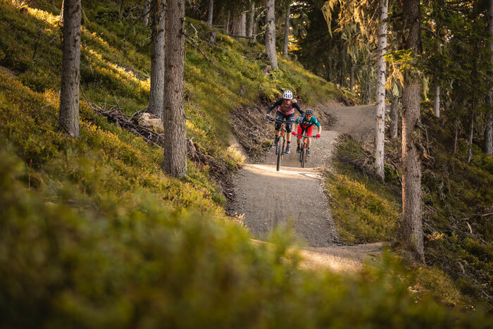 Two mountain bikers in protective gear ride a curvy forest trail in warm evening light at a Bikepark. | © Roland Haschka