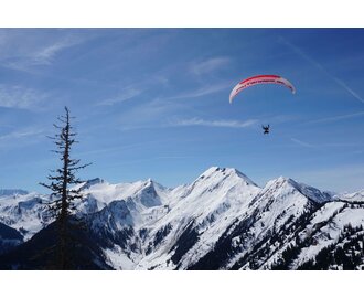  A paraglider soars high above the snow-covered mountains of Großarl under a blue sky.