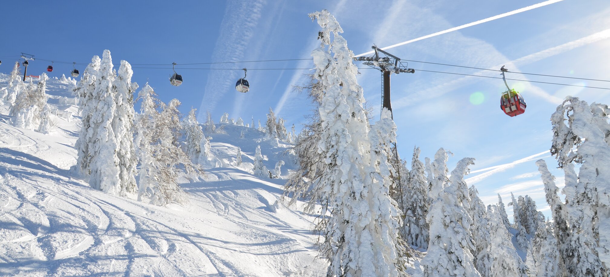 Snow-covered trees and ski tracks, colorful gondolas on the cable, blue sky with contrails in the background. | © Dorfgasteiner Bergbahnen