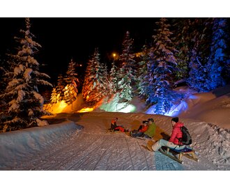 Four tobogganers on snowy run at Galsterberg, colourful lights in the forest | © Herbert Raffalt