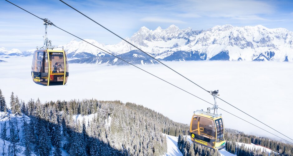 Yellow gondolas float over snow-covered trees with snowy mountain backdrop. | © Josh Absenger