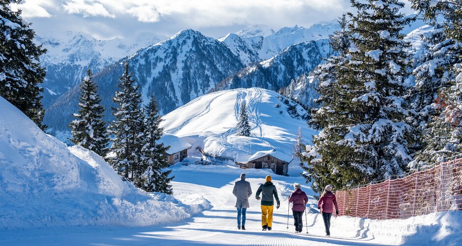 Four hikers walk on a snow-covered winter trail with a view of alpine huts and mountains. | © Gerald Oberreiter
