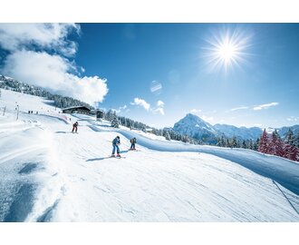 Skiers on the skicross run with sunshine, snow, hills and mountain panorama in the background | © Shuttleberg