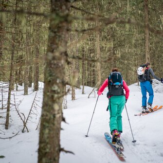 Two ski tourers ascend through mossy, snowy forest with scattered trees and white ground | © Gasteinertal Tourismus GmbH, Christoph Oberschneider