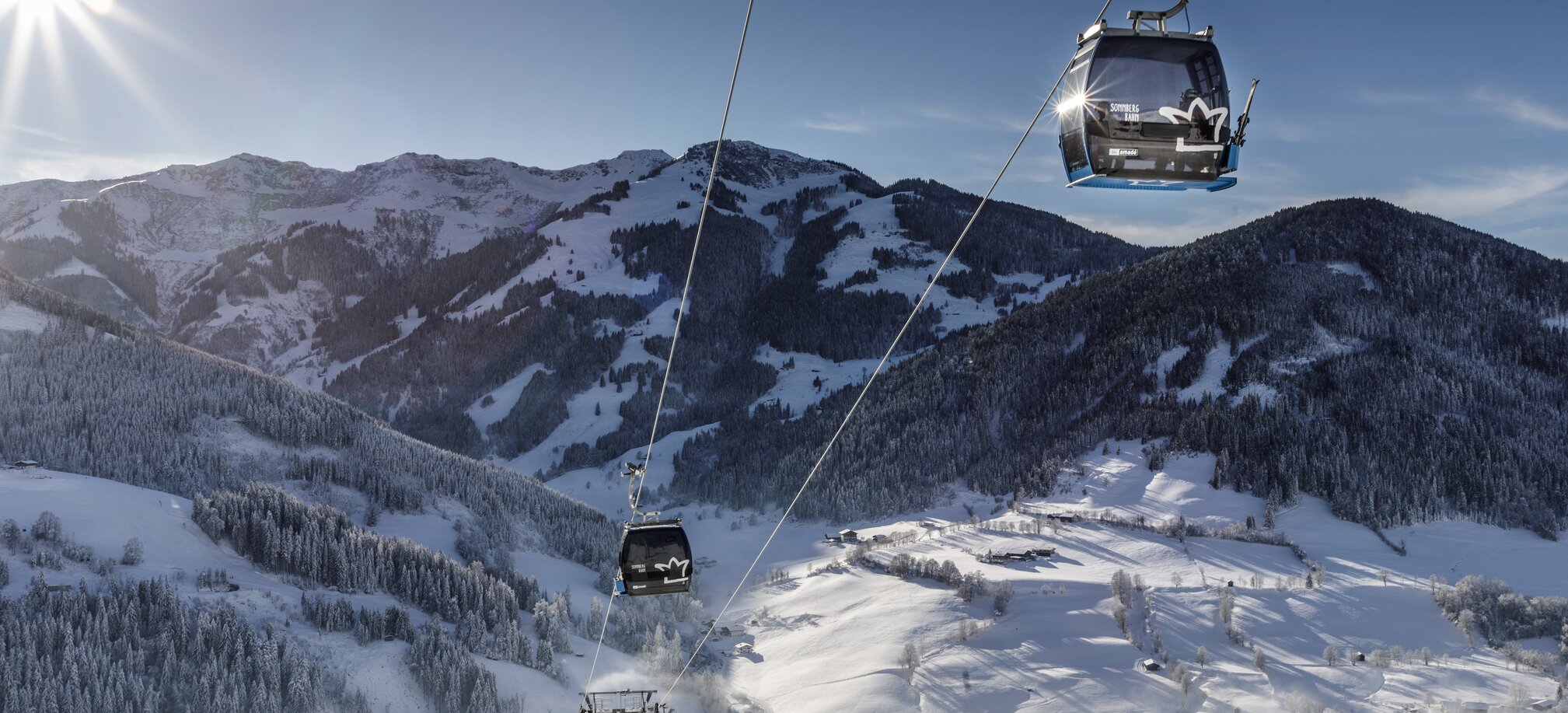 Sonnbergbahn gondolas move above snowy slopes near Maria Alm in winter sunshine | © www.felsch-foto.at