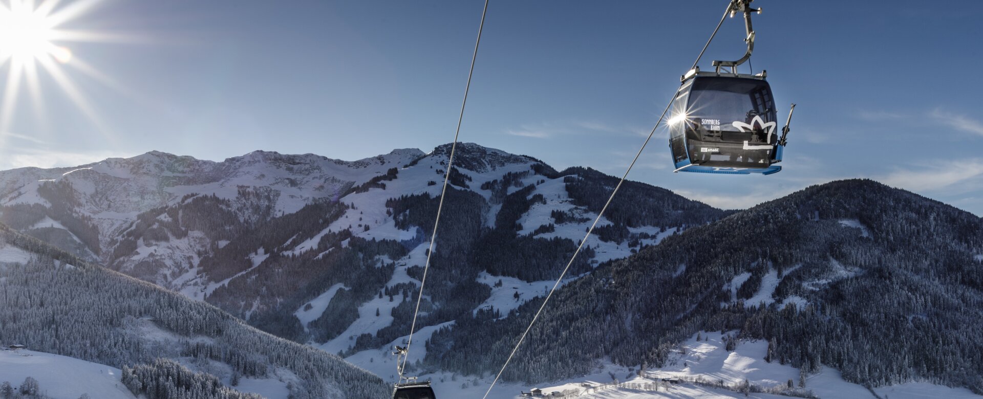 Sonnbergbahn gondolas move above snowy slopes near Maria Alm in winter sunshine | © www.felsch-foto.at
