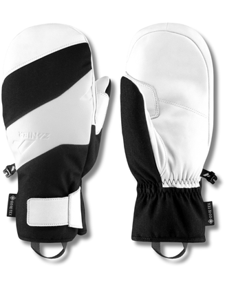 Zanier Fäustlinge in Schwarz-Weiß mit GORE-TEX-Material, elastischem Bund und Klettverschluss vor weißem Hintergrund.
