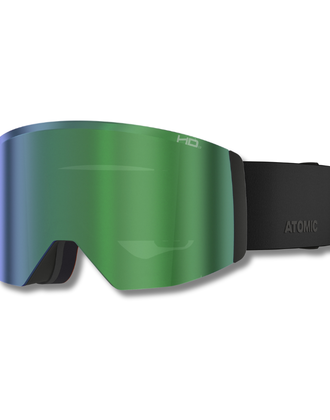 Grüne, verspiegelte Atomic Skibrille mit schwarzem elastischem Band und HD-Linse vor weißem Hintergrund in Seitenansicht.