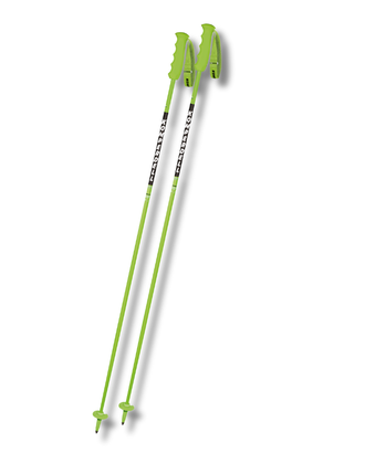 Zwei grüne Komperdell Skistöcke mit ergonomischen Griffen, schwarzen Logos und Schneetellern vor weißem Hintergrund.