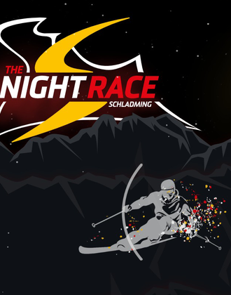 Grafisches Plakat des The Nightrace Schladming mit Skifahrer, Bergsilhouette und gelb-rotem Logo vor dunklem Hintergrund.